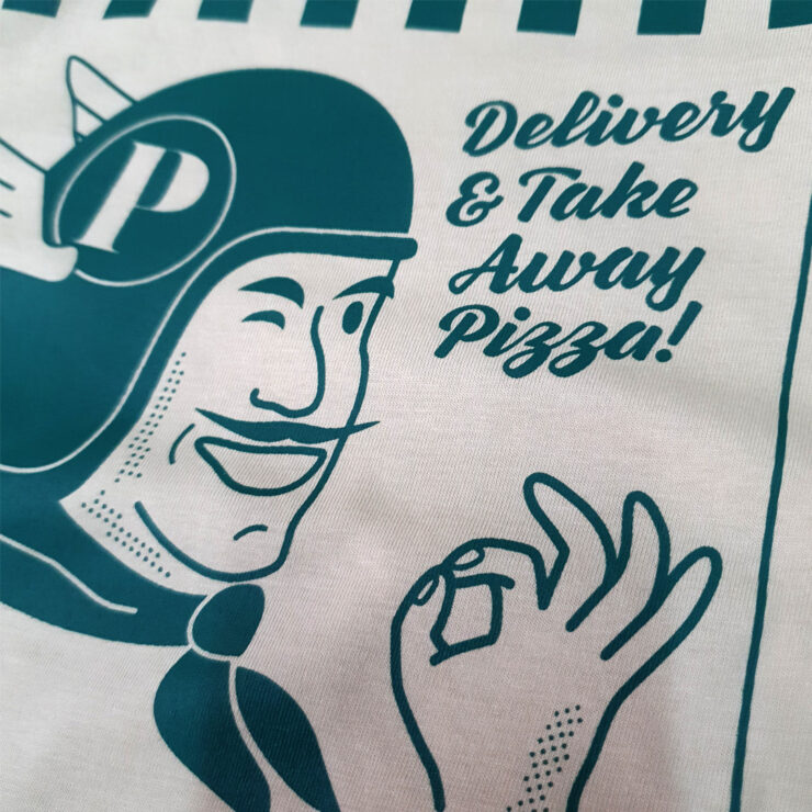 Serigrafía de camisetas personalizadas para Peccato Pizzeria por contraste serigrafía